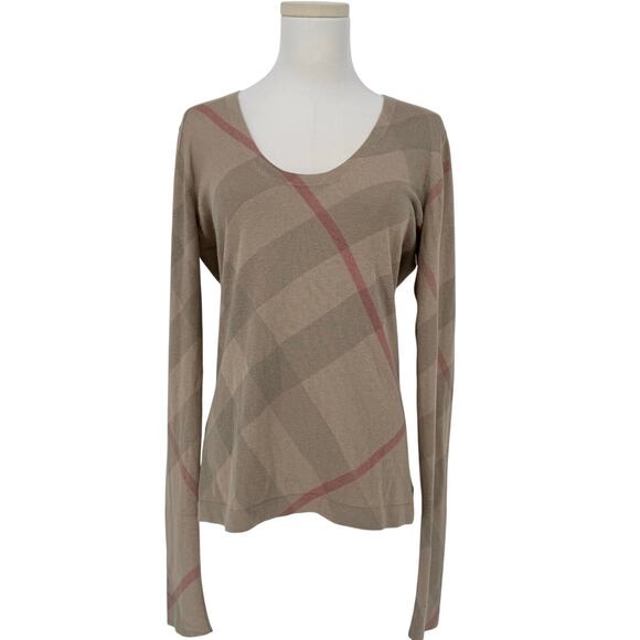 Y2K Burberry Britt Scoop Neck Plaid Logo Sweater Women L Silk Cashmere Designer - Picture 1 of 6